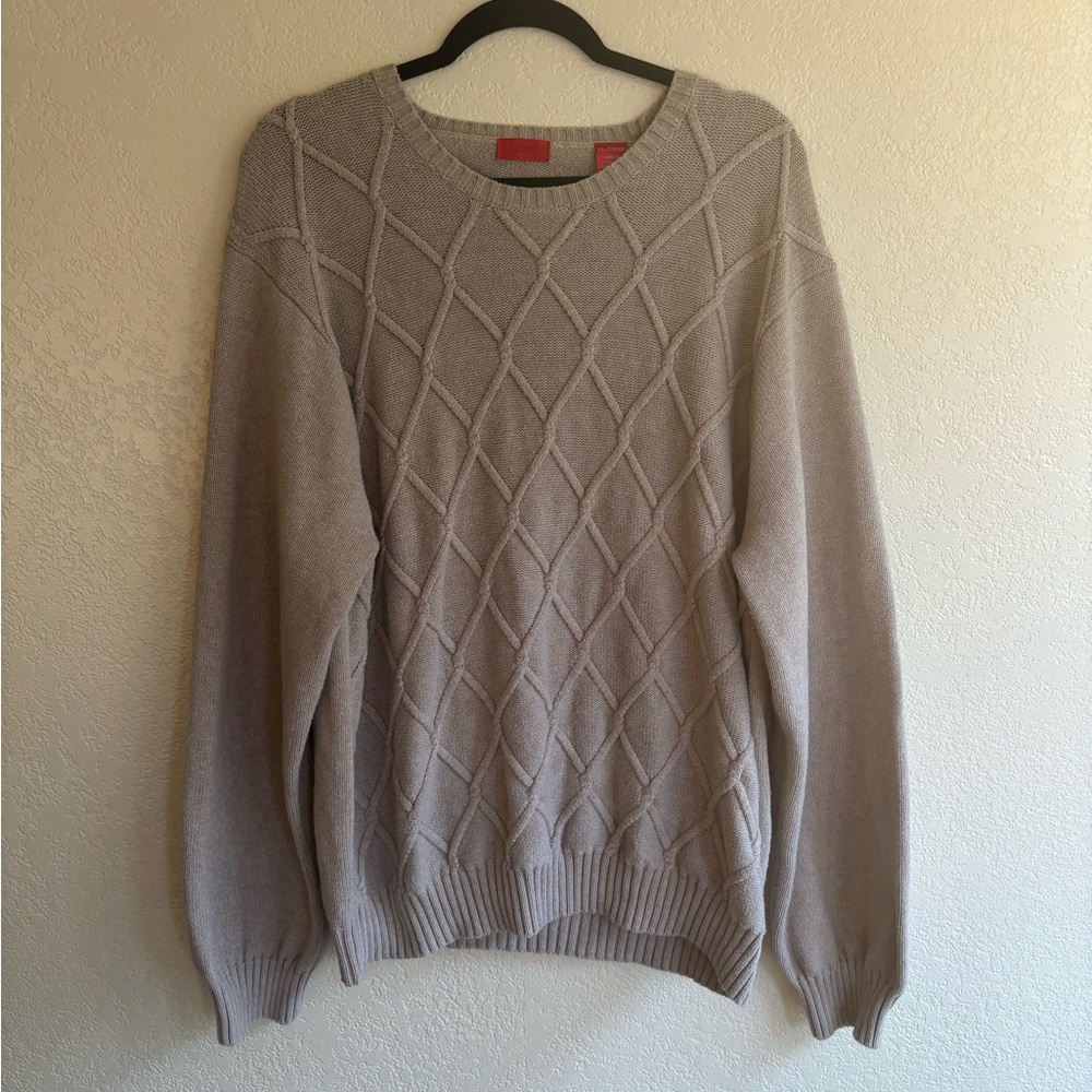IZOD Men Crew Neck Diamond Knit Jumper Sweater Gray 100% Cotton Pullover 2XL